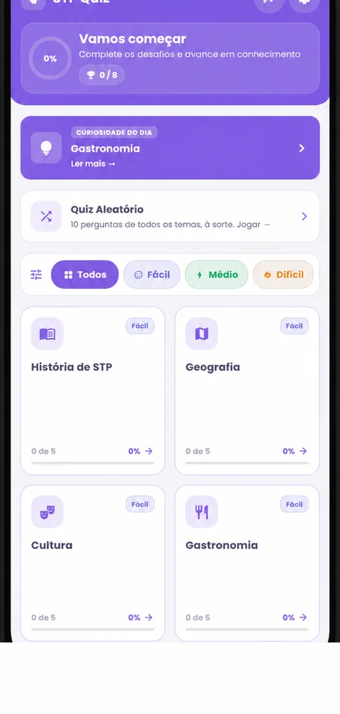 Ecrã inicial da STP Quiz com temas e níveis
